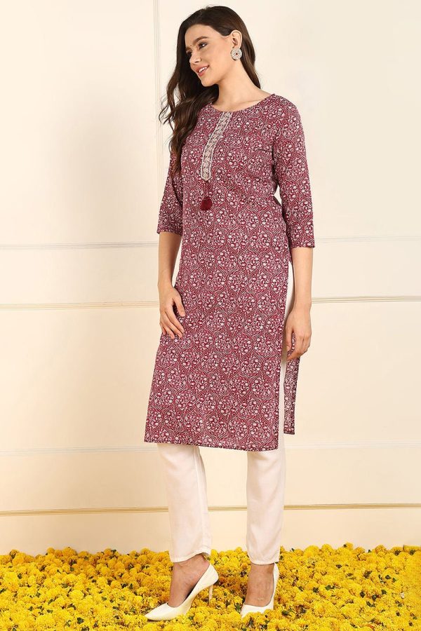 Ahika Burgundy Cotton Ethnic Motifs Printed Straight Kurta Supply