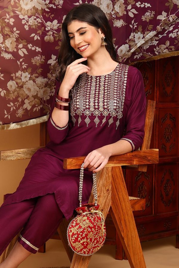 Ahika Purple Silk Blend Yoke Design Kurta Pant With Dupatta Online Sale