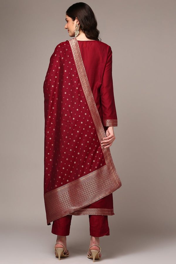 Ahika Red Poly Chanderi Woven Design Straight Suit Set Online now