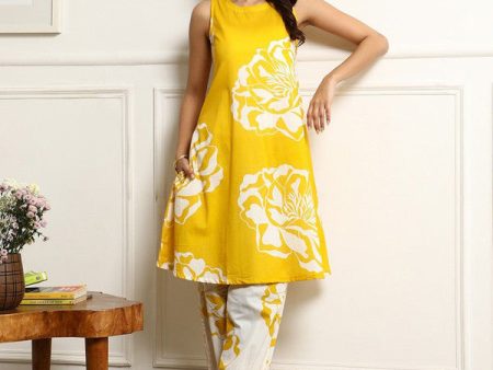 Malishka Women s Printed Flared Kurta With Pant Set - Yellow Online Hot Sale