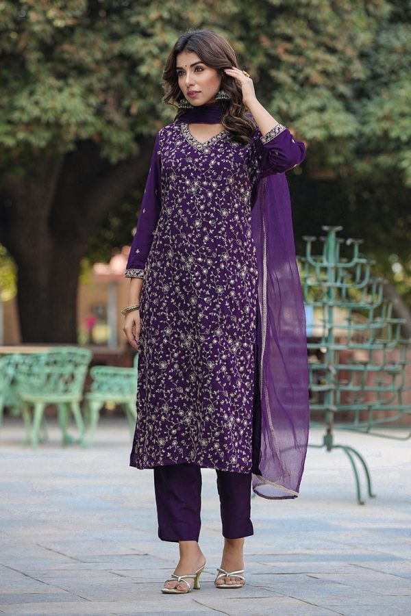 Ahika Purple Silk Blend Ethnic Motifs Straight Suit Set For Discount