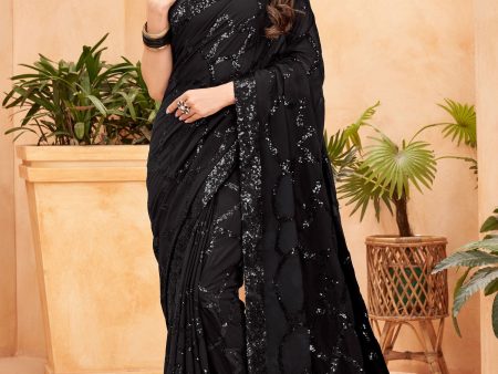 Sonakshi Women s Black Faux Blooming Sequins Work Designer Saree with Blouse Discount