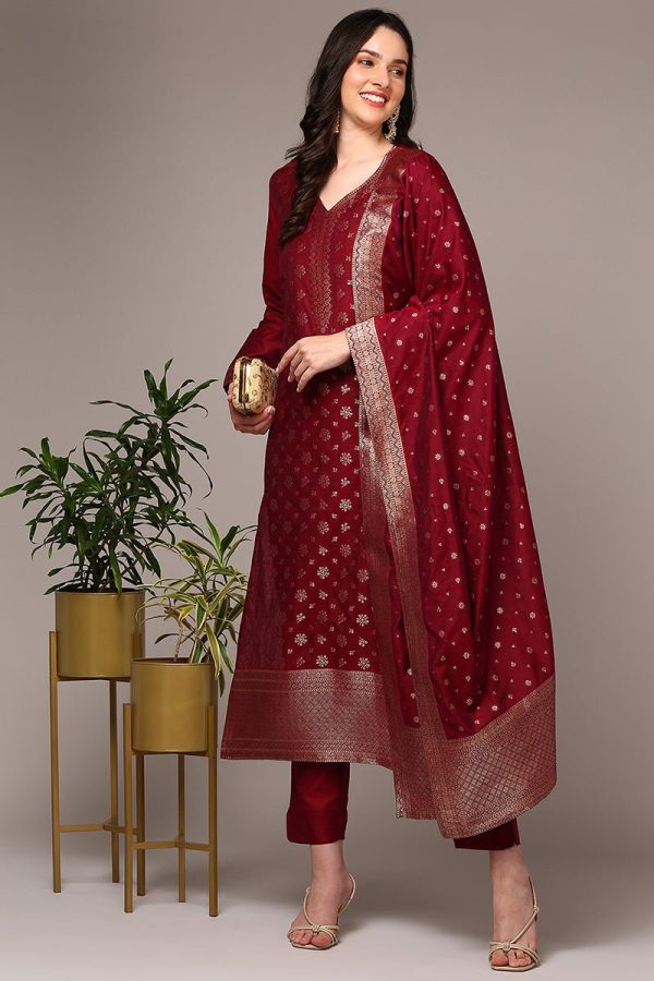 Ahika Red Poly Chanderi Woven Design Straight Suit Set Online now