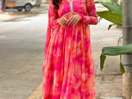 Malishka Women s Georgette Yoke Design Printed Flared Gown With Dupatta - Pink For Cheap