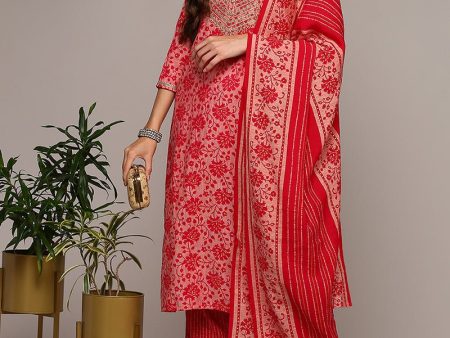 Ahika Plus Size Pink Silk Blend Printed Straight Suit Set For Sale