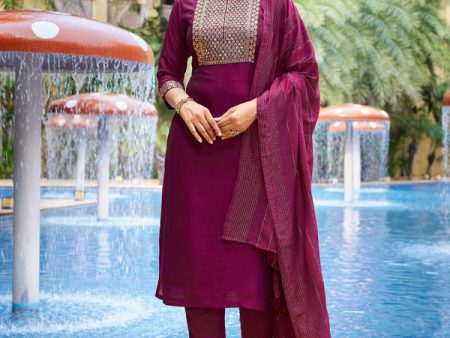 Malishka Women s Silk Blend Solid Straight Kurta Pant With Dupatta - Purple For Cheap