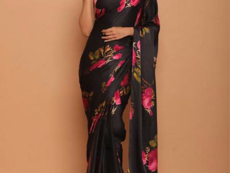 Sonakshi Black Digital Printed Pure Japan Satin Saree with Blouse Online Hot Sale