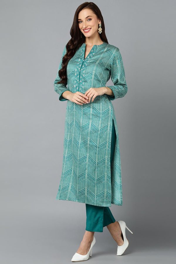 Ahika Rama Green Rayon Blend Straight Suit Set Online Sale