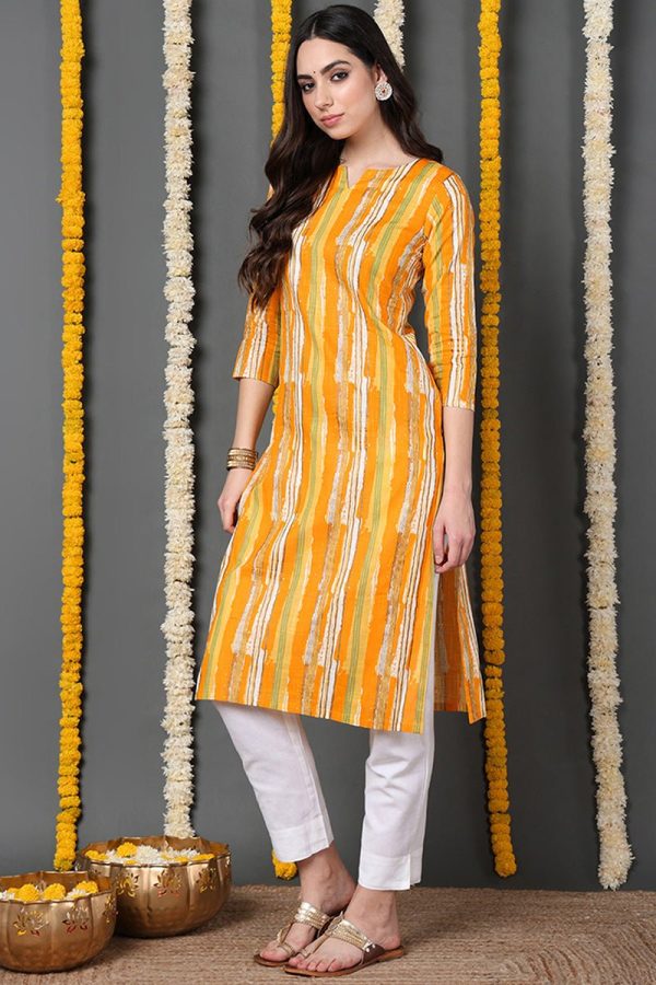 Ahika Printed Yellow Cotton Fabric Kurti Online