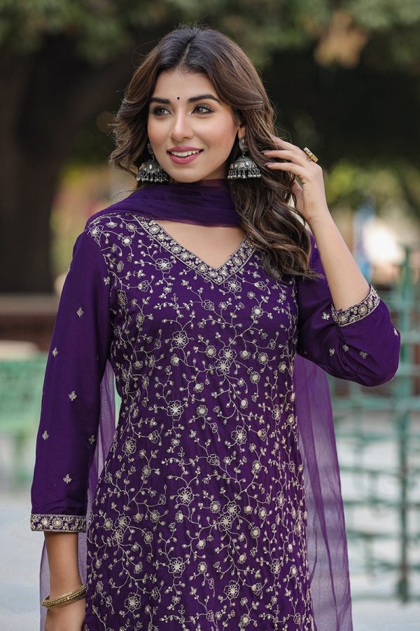 Ahika Purple Silk Blend Ethnic Motifs Straight Suit Set For Discount