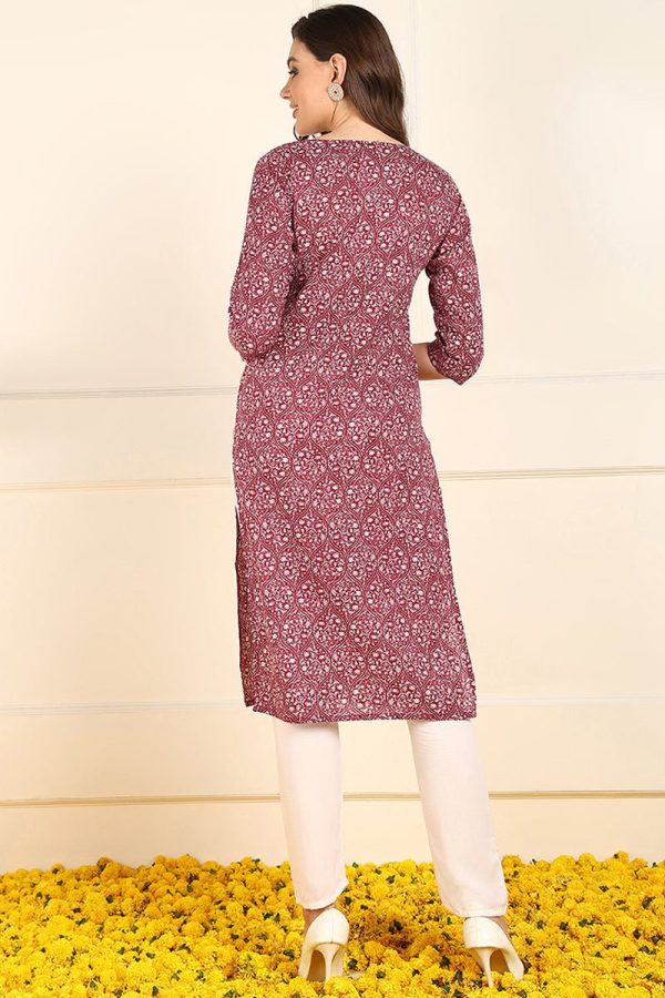 Ahika Burgundy Cotton Ethnic Motifs Printed Straight Kurta Supply