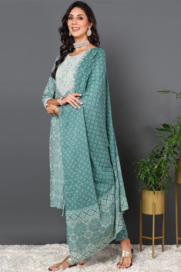 Ahika Plus Size Green Pure Cotton Bandhani Printed Straight Suit Set Cheap