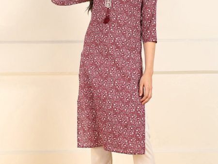 Ahika Burgundy Cotton Ethnic Motifs Printed Straight Kurta Supply