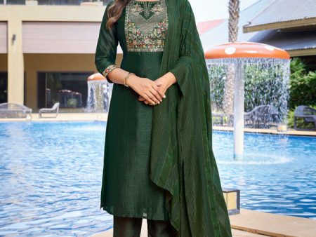 Malishka Women s Silk Blend Solid Straight Kurta Pant With Dupatta - Bottle Green Cheap