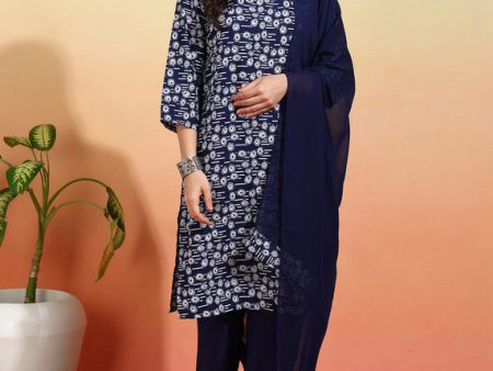 Malishka Women s Navy Crepe Printed Straight Kurta Pant With Dupatta - Navy Blue Online now