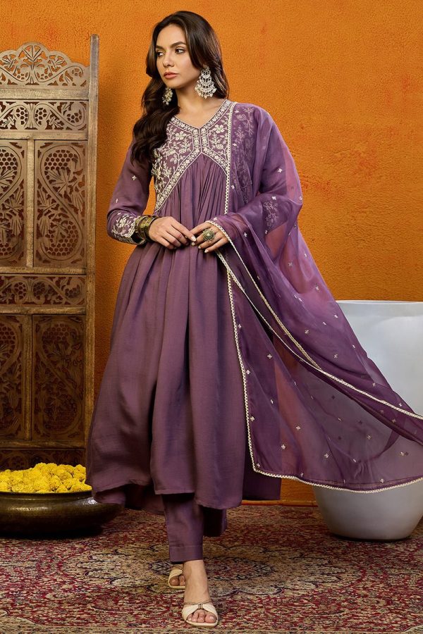 Ahika Purple Silk Blend Embroidered Anarkali Suit Set Discount