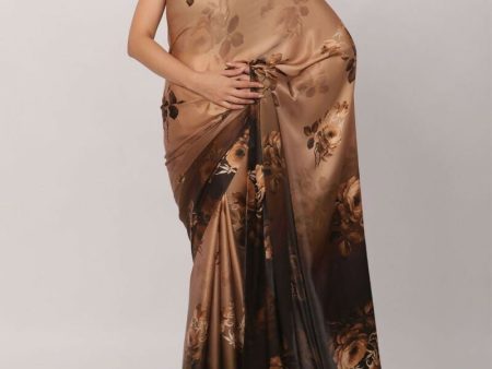 Sonakshi Coffee Digital Printed Pure Japan Satin Saree with Blouse Supply