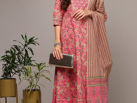 Ahika Pink Pure Cotton Printed Flared Suit Set Online Hot Sale