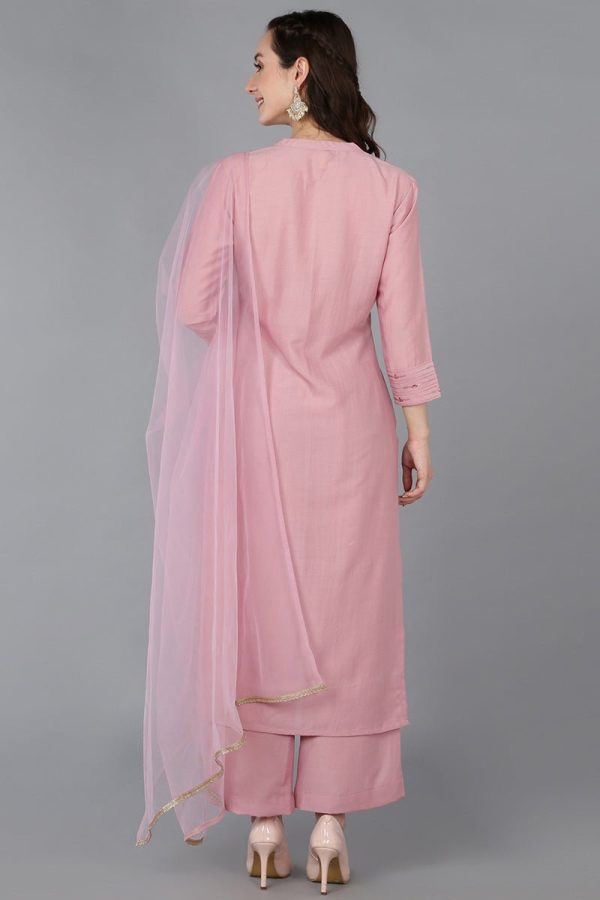 Ahika Pink Silk Blend Solid Straight Suit Set on Sale