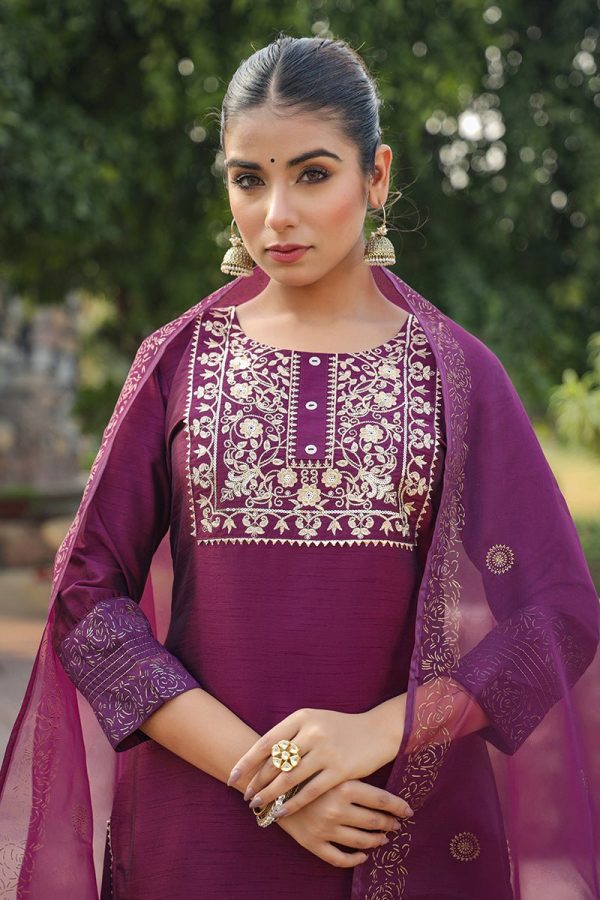 Ahika Purple Silk Blend Straight Yoke Design Kurta Pant With Dupatta Online Hot Sale