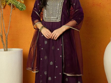 Ahika Purple Silk Blend Woven Design Anarkali Suit Set Fashion