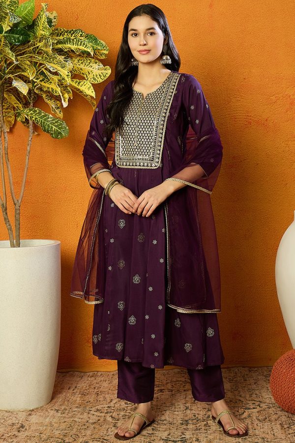 Ahika Purple Silk Blend Woven Design Anarkali Suit Set Fashion