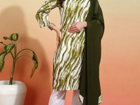 Malishka Women s Mehendi Crepe Printed Straight Kurta Pant With Dupatta - Mehndi Green Sale