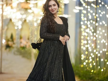 Sonakshi Women s Black Faux Georgette Zari Embroidery with Sequence Anarkali Dress with Dupatta For Discount