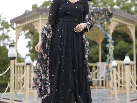 Sonakshi Women s Black Faux Blooming Sequins with Zari Embroidery Anarkali Dress with Dupatta For Discount