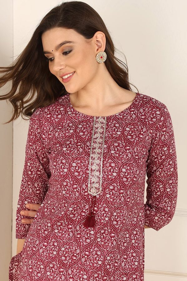 Ahika Burgundy Cotton Ethnic Motifs Printed Straight Kurta Supply