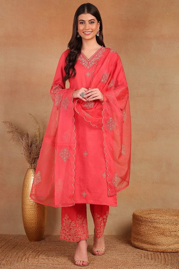 Ahika Pink Silk Blend Straight Kurta Palazzo With Dupatta For Cheap