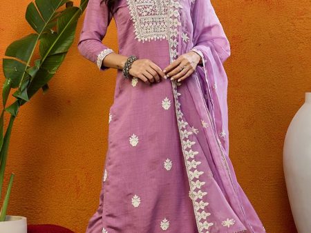 Ahika Pink Silk Blend Solid Embroidered Straight Suit Set Supply