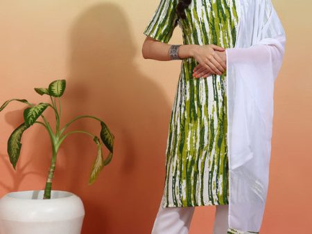 Malishka Women s Green Crepe Printed Straight Kurta Pant With Dupatta - Green & White Online Hot Sale