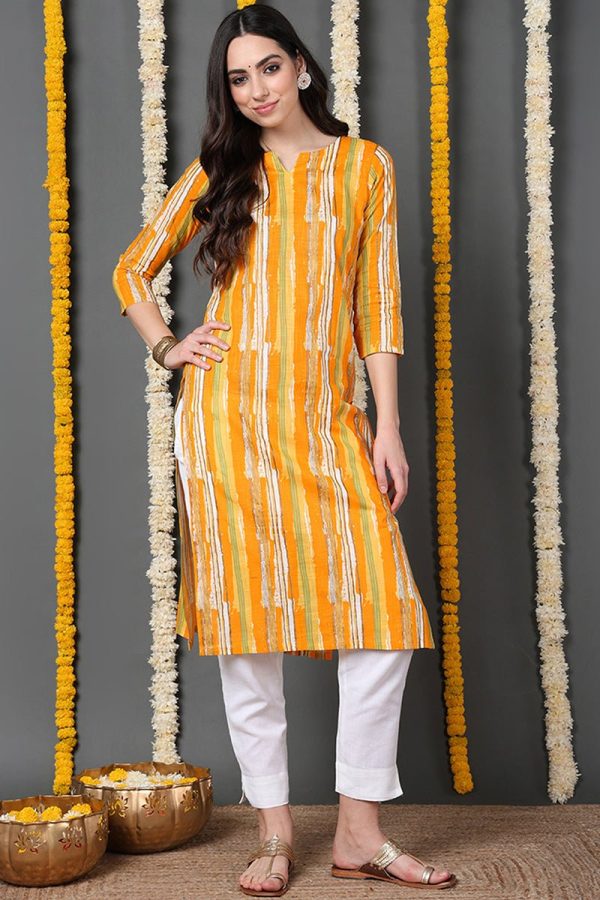 Ahika Printed Yellow Cotton Fabric Kurti Online