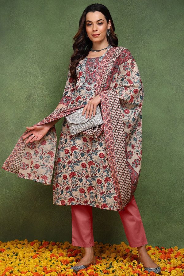 Ahika Red Pure Cotton Floral Embroidered Straight Suit Set For Sale