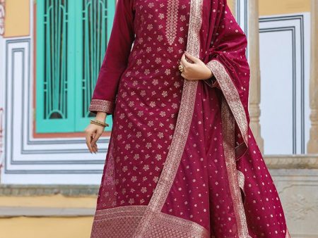 Ahika Red Poly Chanderi Woven Design Straight Suit Set Online now