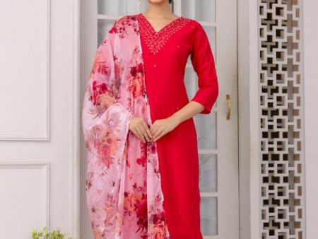 NOZ2TOZ Women s Viscose Yoke Design Solid Straight Kurta Pant With Dupatta - Rani Pink For Sale