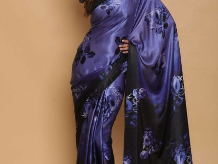 Sonakshi Blue Digital Printed Pure Japan Satin Saree with Blouse Cheap