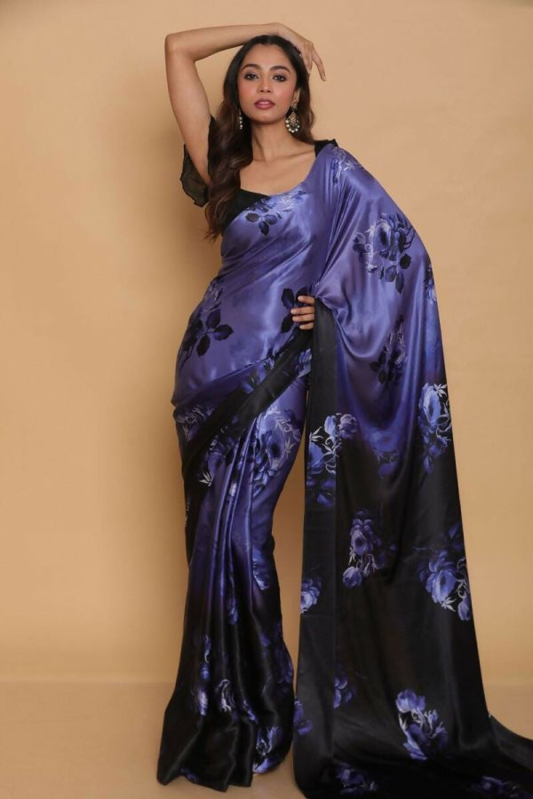 Sonakshi Blue Digital Printed Pure Japan Satin Saree with Blouse Cheap