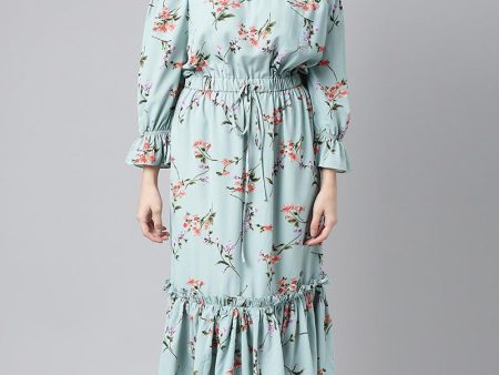 Ahika Blue Crepe Floral Print Off-Shoulder Midi Dress Online