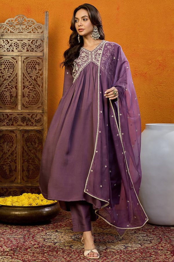 Ahika Purple Silk Blend Embroidered Anarkali Suit Set Discount