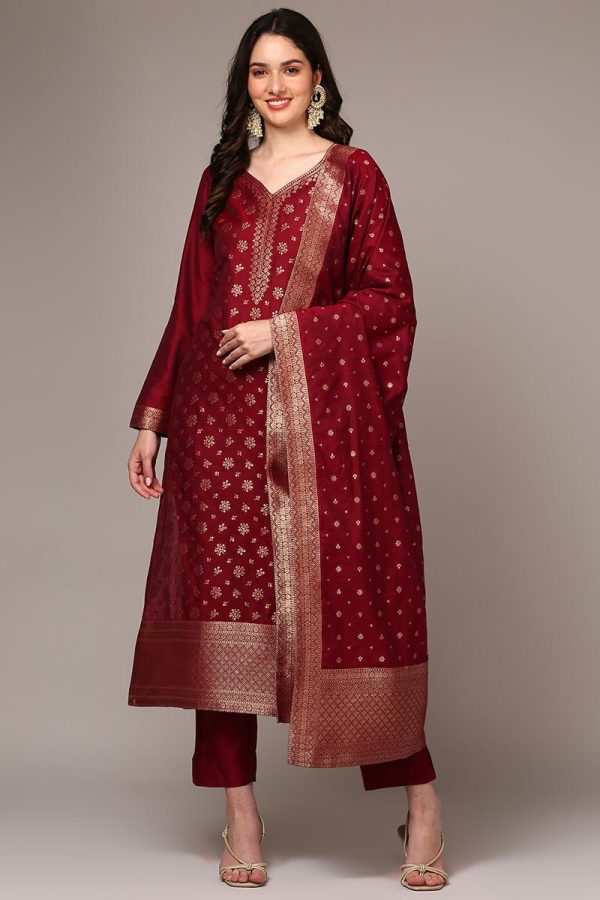 Ahika Red Poly Chanderi Woven Design Straight Suit Set Online now