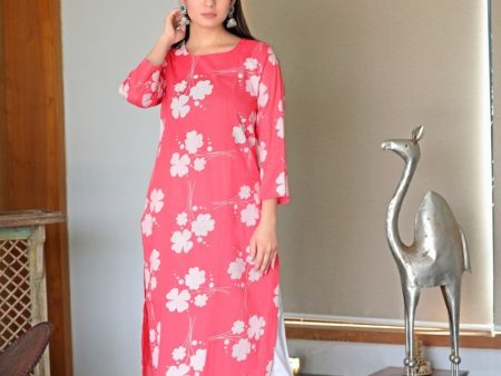 Ahika Printed Pink Cotton Fabric Kurti For Sale