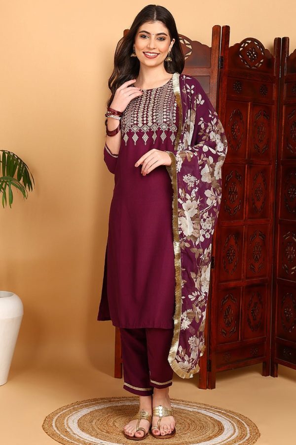 Ahika Purple Silk Blend Yoke Design Kurta Pant With Dupatta Online Sale