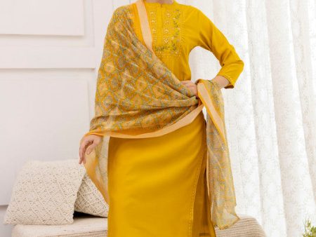 NOZ2TOZ Women s Viscose Yoke Design Solid Straight Kurta Pant With Dupatta - Mustard Online Sale