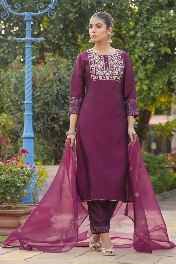 Ahika Purple Silk Blend Straight Yoke Design Kurta Pant With Dupatta Online Hot Sale