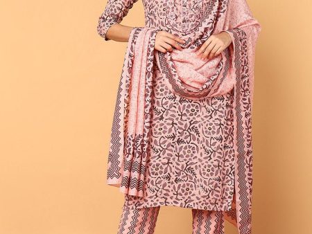 Ahika Plus Size Pink Silk Blend Floral Printed Straight Style Suit Set Online Sale