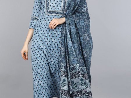 Ahika Blue Pure Cotton Straight Kurta Pant With Dupatta For Discount