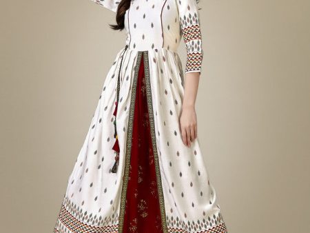 NOZ2TOZ Women s White Printed Rayon Anarkali Gown Discount