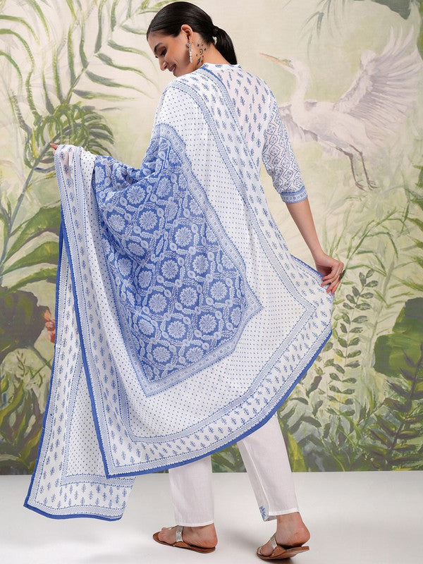 NOZ2TOZ Women s Viscose Floral Printed Straight Kurta Pant With Dupatta - White & Blue Online now